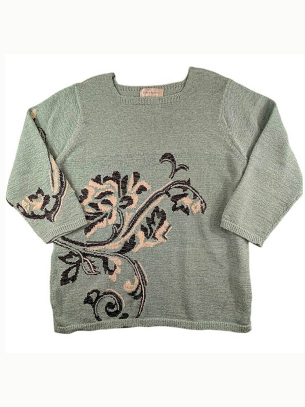Susan Bristol Pullover Sweater Womens‎ XL Green Tufted Floral Design Vintage